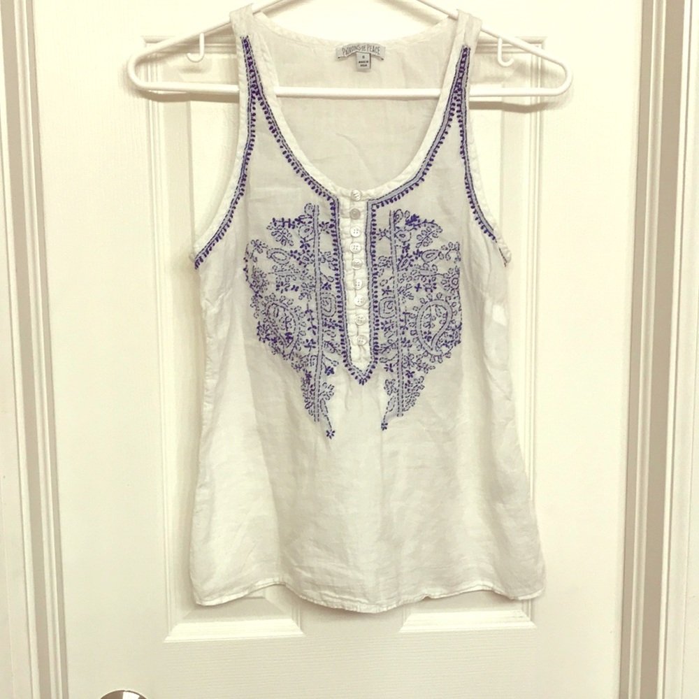 Light Cotton Tank w/ Blue Embroidery Details